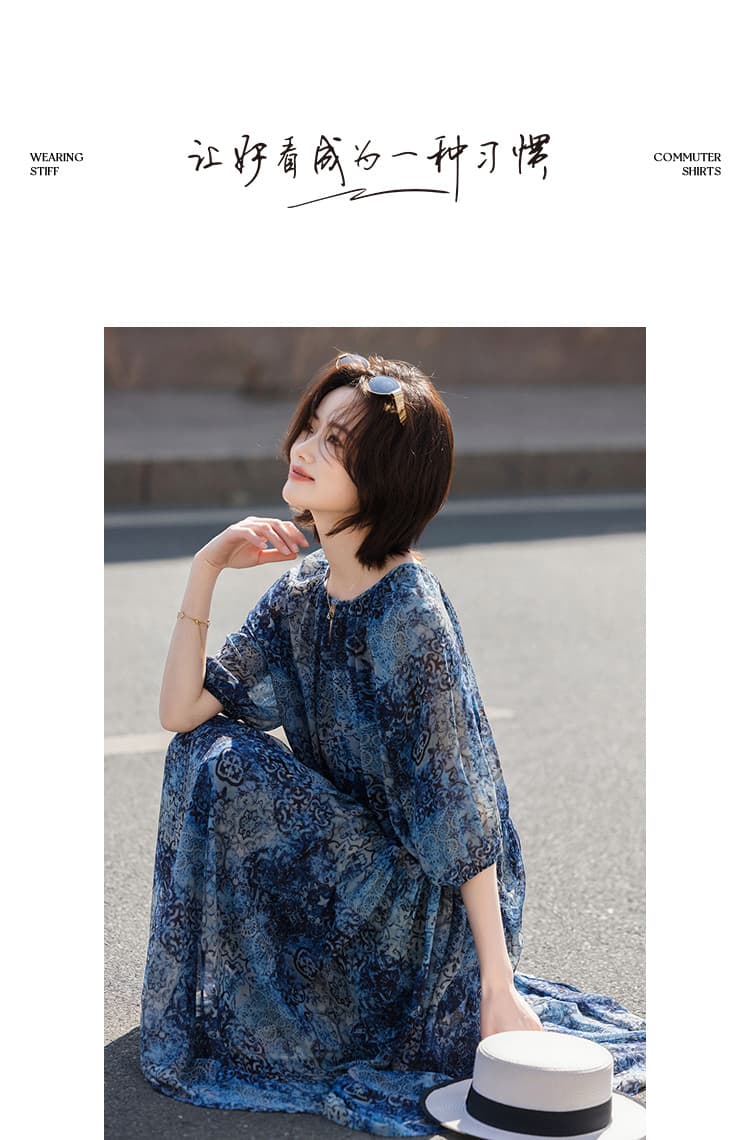 가벼움 휴일 여름 우아함 바람 펌프 Pleat 라운드 넥 도트 무늬 루즈핏 슬림해 보이는 숨기기 고기 여성 드레스 고급 센스 상세 이미지 10
