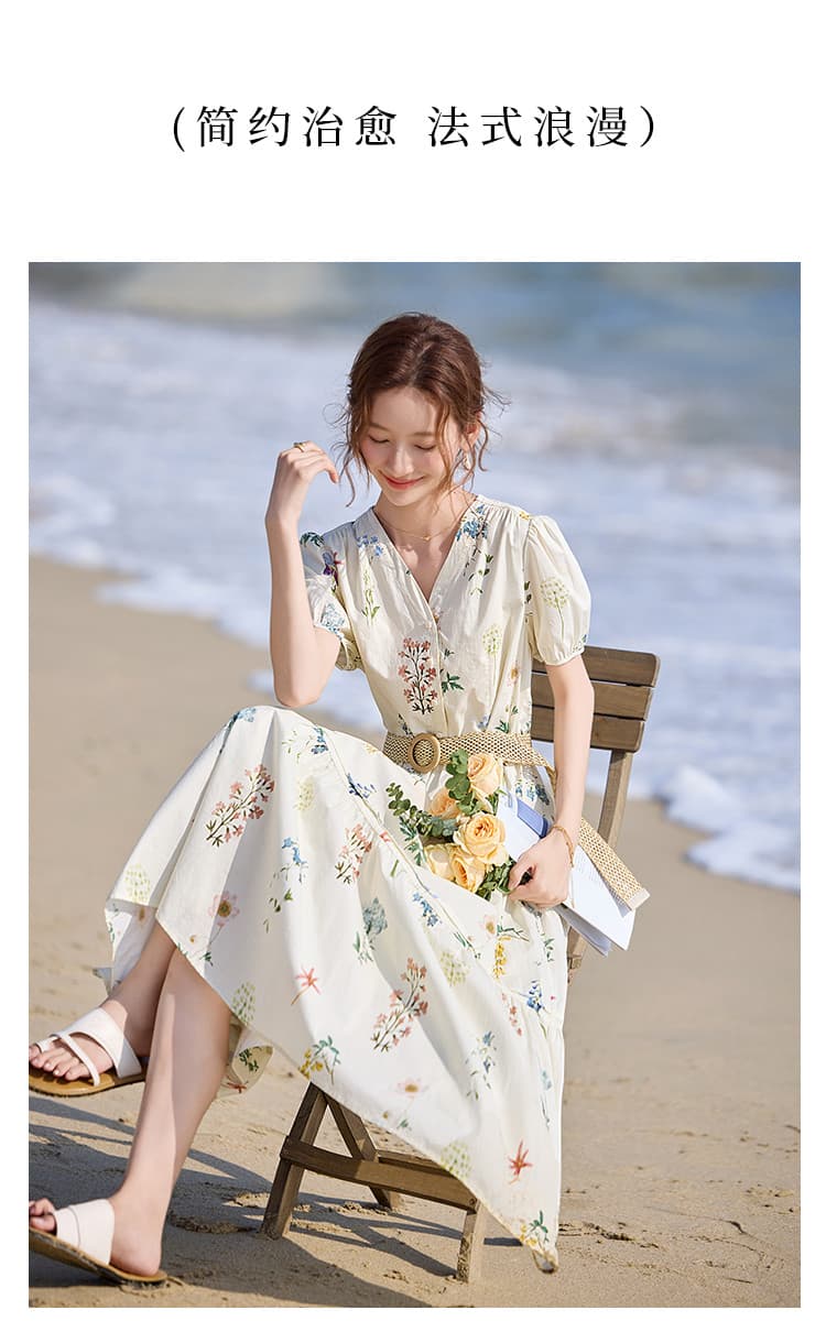바다 측면 꽃 그림자 구름 면 직물 꽃무늬 26 여름 프린트 휴가 바람 V넥 레이스업 허리 수축 꽃무늬 드레스 상세 이미지 2