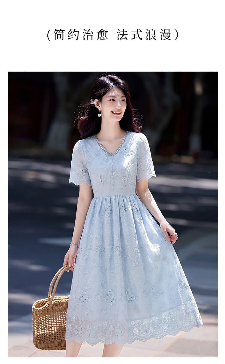빛 럭셔리 무거운 작업 달콤함 비즈 박기 칼라 자수 드레스 26 년 아모이 레이스 밑단 반팔 중간 길이 스커트 상세 이미지 2