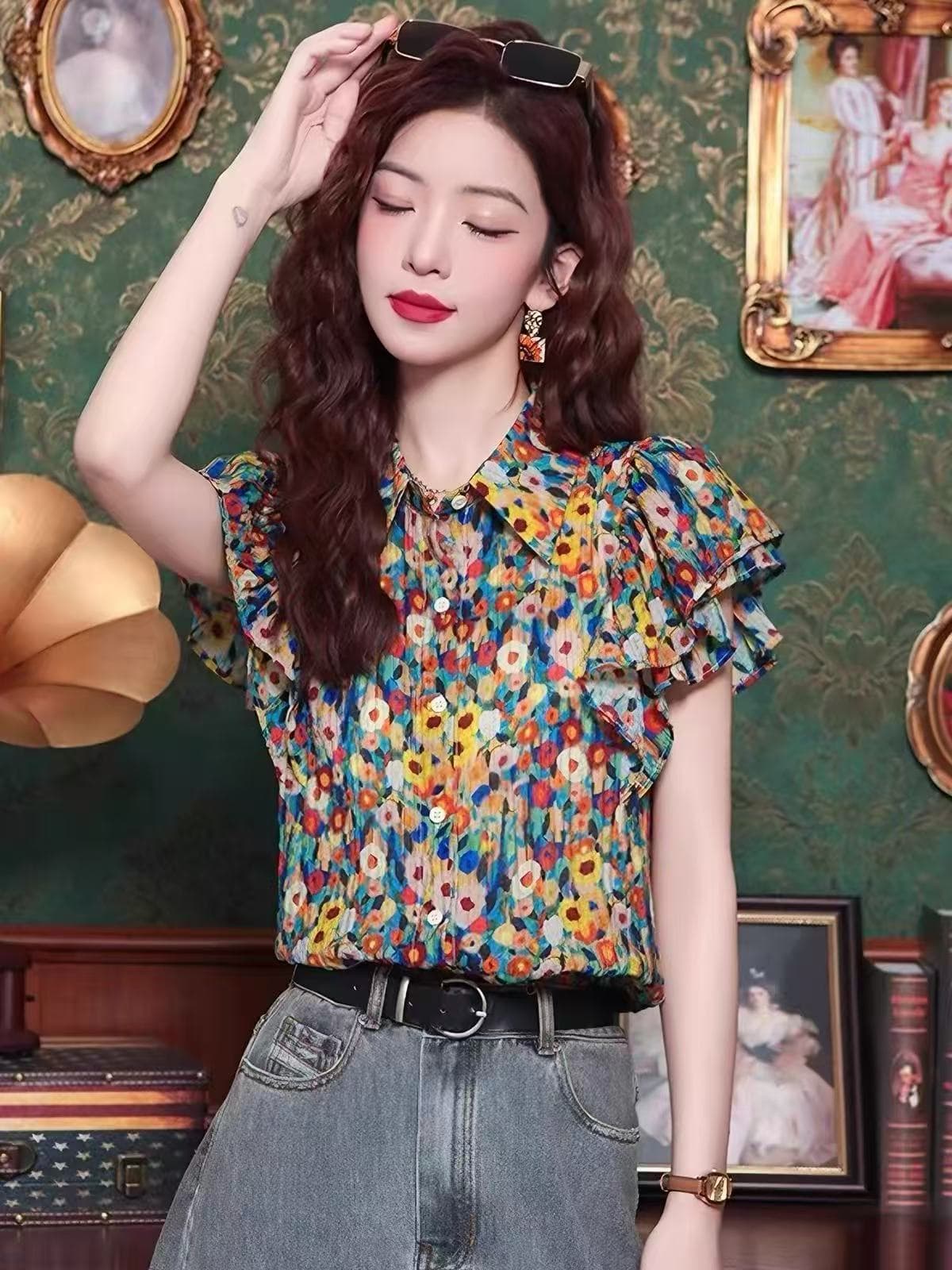 POLO 칼라 꽃무늬 셔츠 반팔 티셔츠 여성 2026 새로운 여름 연령 감소 패션 고급 센스 작은 날다 소매 맨위 상세 이미지 9