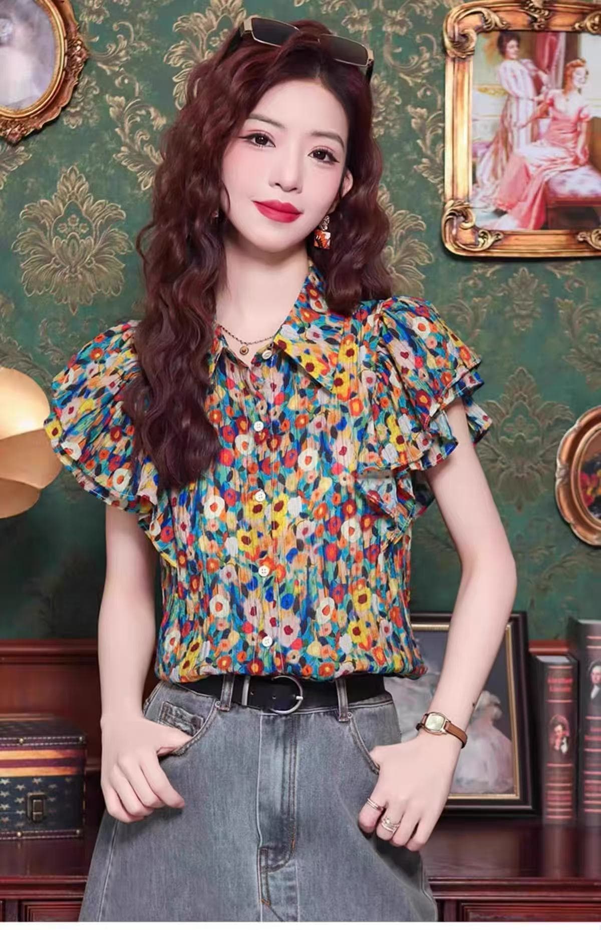 POLO 칼라 꽃무늬 셔츠 반팔 티셔츠 여성 2026 새로운 여름 연령 감소 패션 고급 센스 작은 날다 소매 맨위 상세 이미지 13