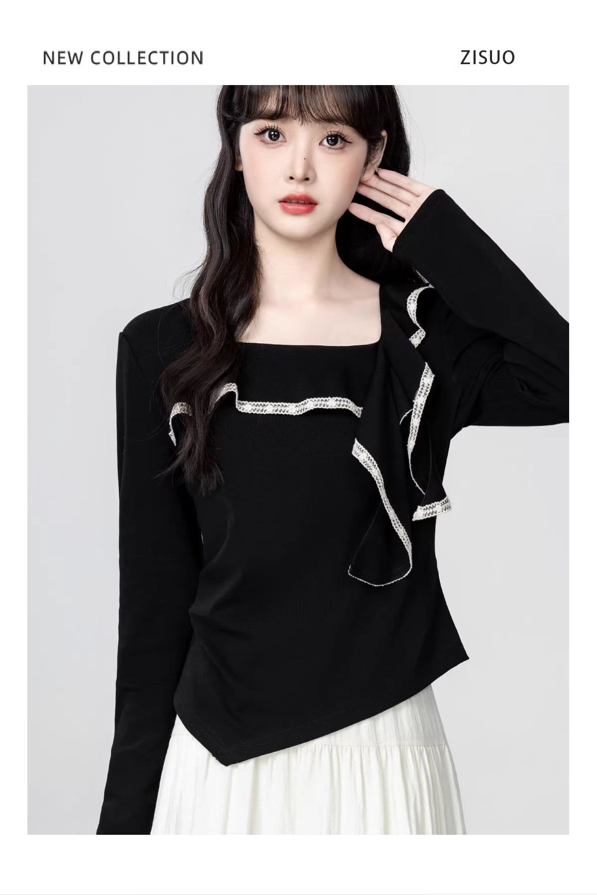 검정색 광장 칼라 긴팔 티셔츠 여성 봄 가을 2026 가을 새로운 디자인 센스 프릴 불규칙 쇼트 스타일 맨위 상세 이미지 5