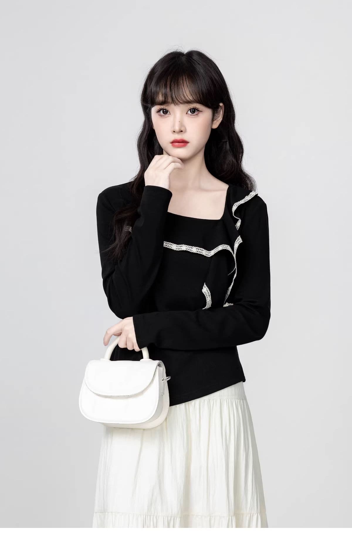 검정색 광장 칼라 긴팔 티셔츠 여성 봄 가을 2026 가을 새로운 디자인 센스 프릴 불규칙 쇼트 스타일 맨위 상세 이미지 6