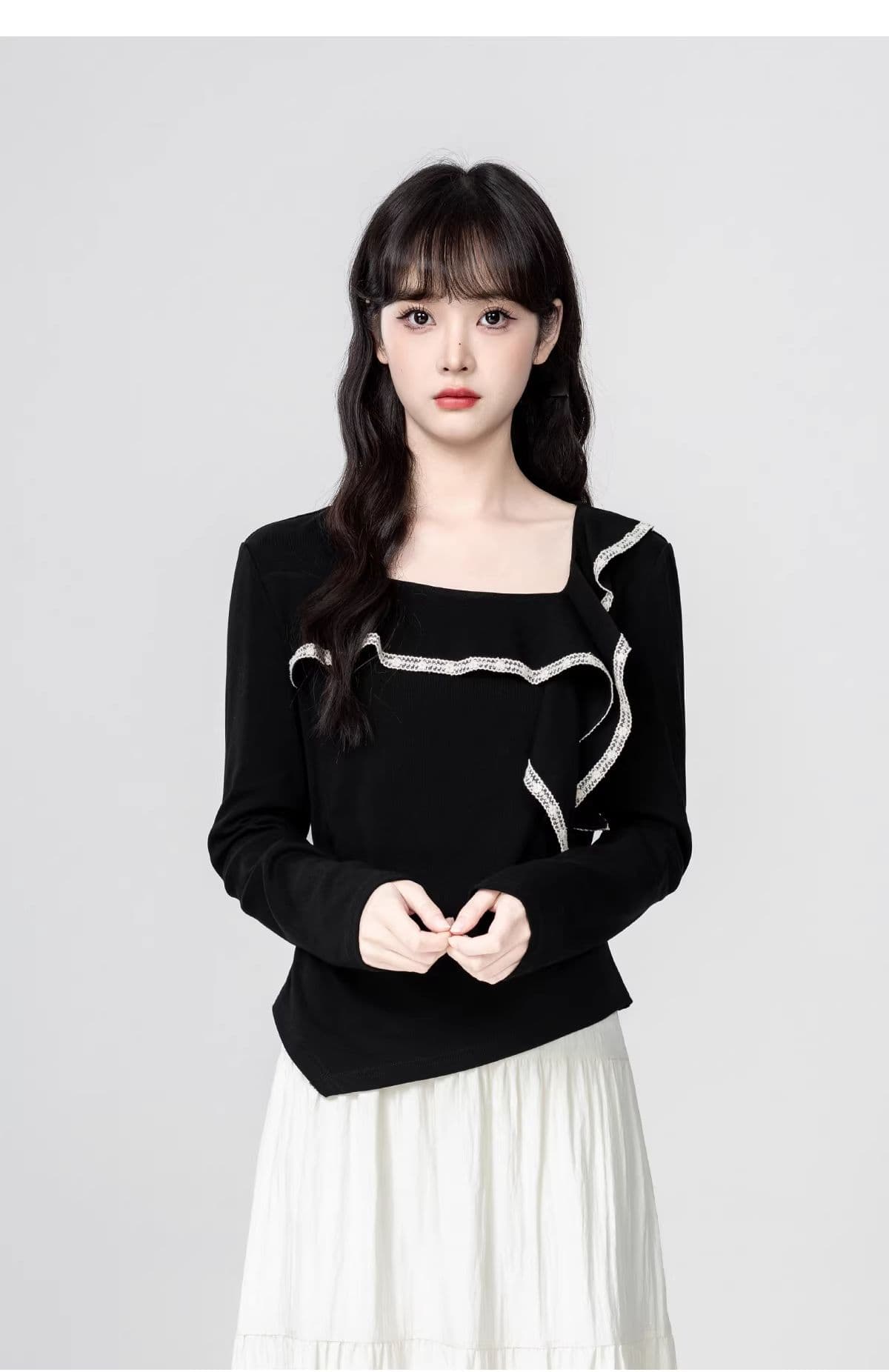 검정색 광장 칼라 긴팔 티셔츠 여성 봄 가을 2026 가을 새로운 디자인 센스 프릴 불규칙 쇼트 스타일 맨위 상세 이미지 7