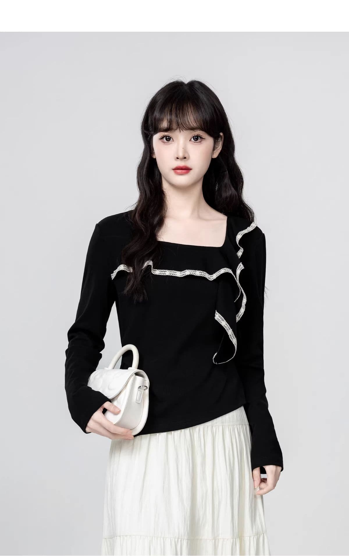 검정색 광장 칼라 긴팔 티셔츠 여성 봄 가을 2026 가을 새로운 디자인 센스 프릴 불규칙 쇼트 스타일 맨위 상세 이미지 8