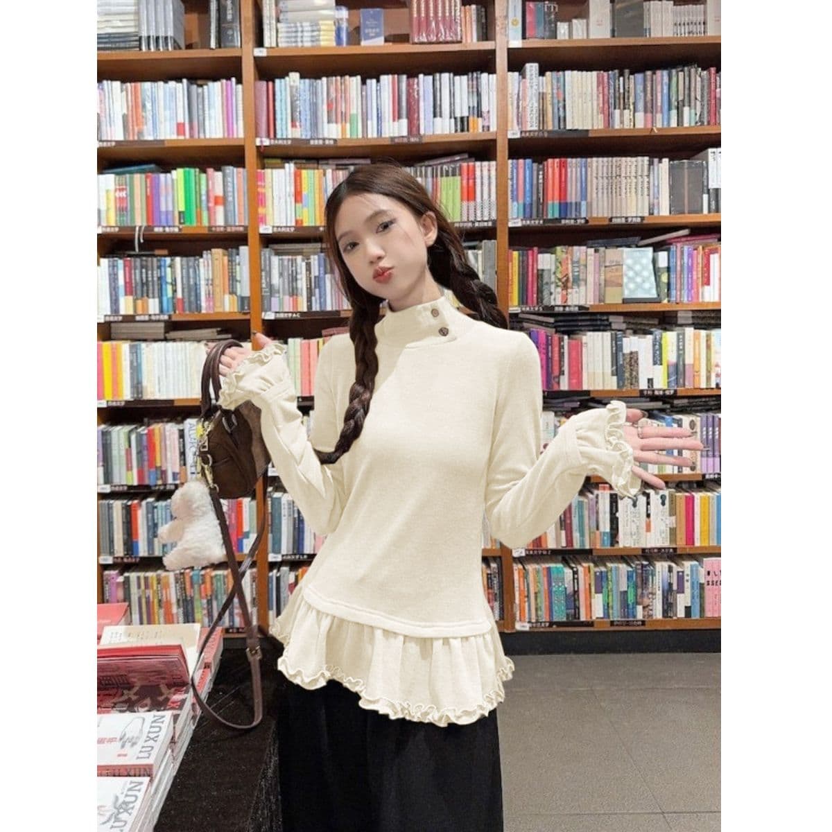 리브 De 플러시 한 부서 반하이넥 단추 연삭 털 레이스 밑단 긴팔 티셔츠 여성 가을 겨울 스택 착용 맨위 이미지 4