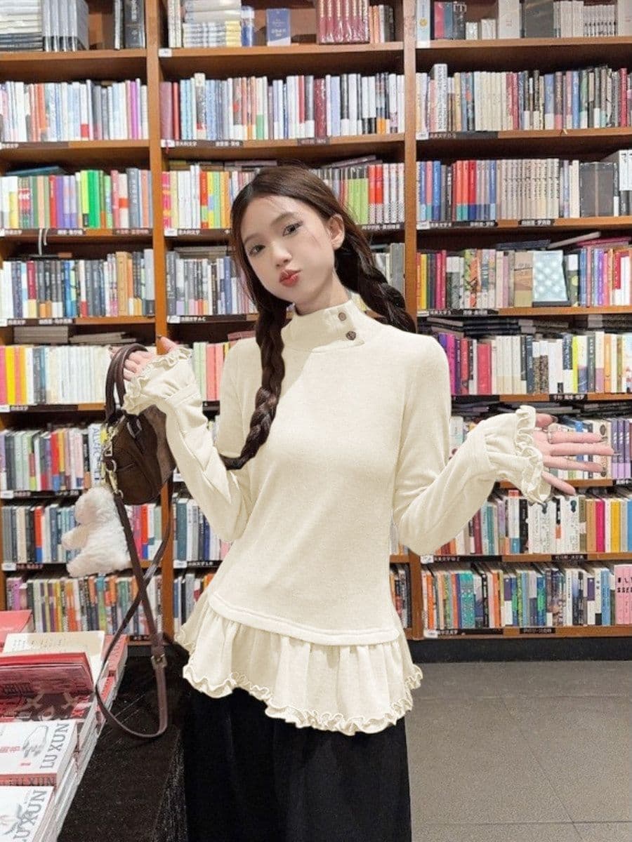 리브 De 플러시 한 부서 반하이넥 단추 연삭 털 레이스 밑단 긴팔 티셔츠 여성 가을 겨울 스택 착용 맨위 상세 이미지 2