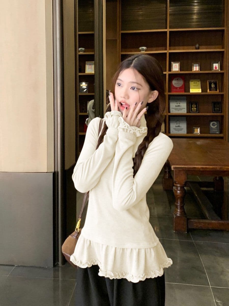 리브 De 플러시 한 부서 반하이넥 단추 연삭 털 레이스 밑단 긴팔 티셔츠 여성 가을 겨울 스택 착용 맨위 상세 이미지 3