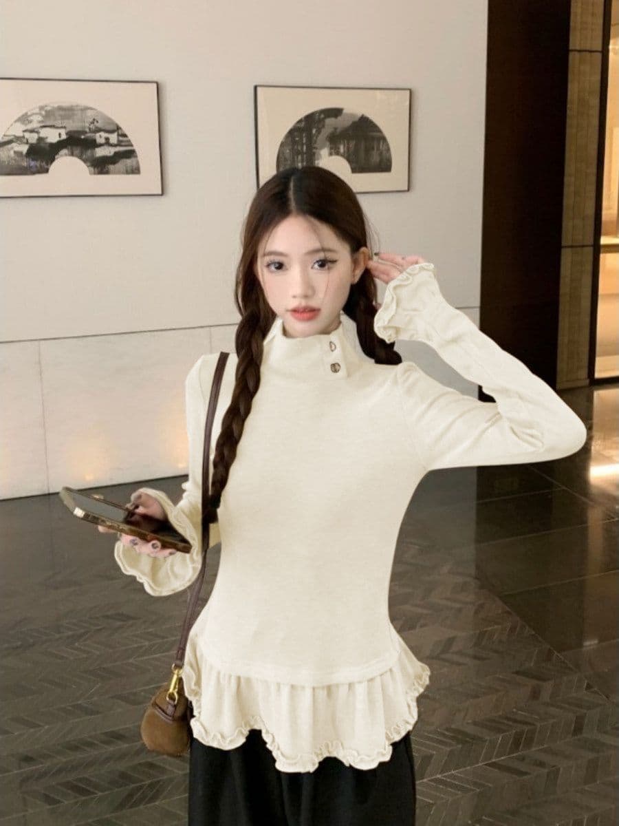 리브 De 플러시 한 부서 반하이넥 단추 연삭 털 레이스 밑단 긴팔 티셔츠 여성 가을 겨울 스택 착용 맨위 상세 이미지 5