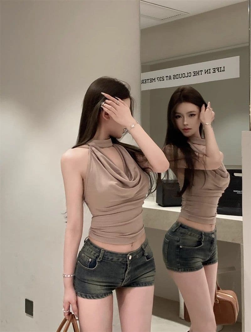 260 그램 와 사고 방식 순수한 욕망 바람 흔들다 칼라 행침 목 작은 조끼 여성 여름 디자인 센스 몸매 가꾸기 슬림해 보이는 쇼트 스타일 맨위 상세 이미지 4