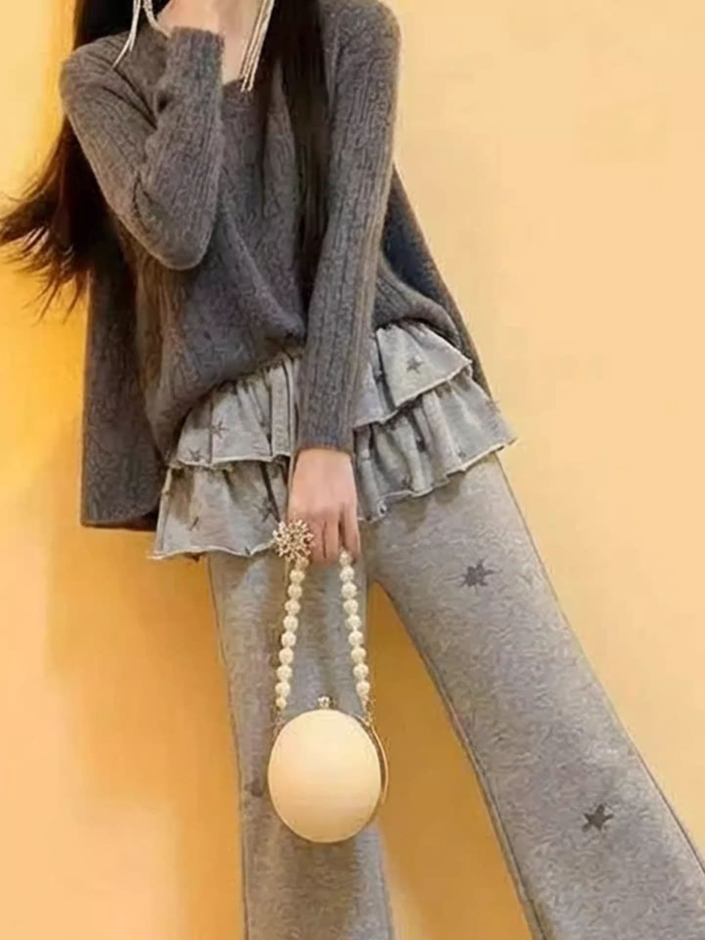 아메리칸 별 프린트 프릴 랩스커트팬츠 부츠컷 캐주얼 바지 여성 2026 봄 루즈핏 슬림해 보이는 와이드 레그 팬츠 웨이 바지 상세 이미지 12