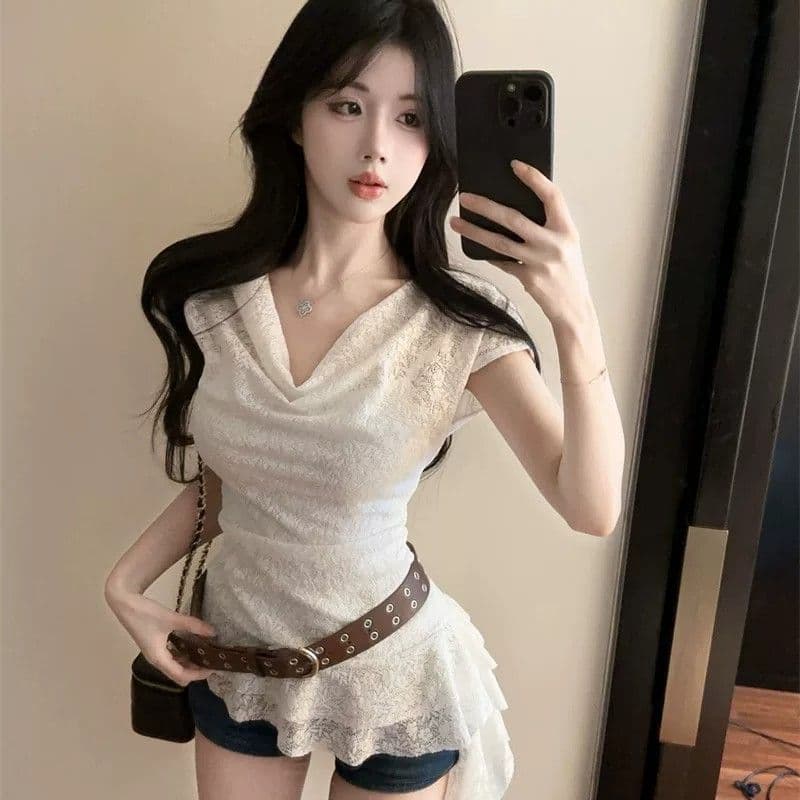 원본 원단 프랑스식 익스트림 제인 느슨함 레이스 흔들다 칼라 반팔 여름 불규칙 맨위