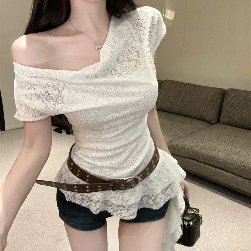 원본 원단 프랑스식 익스트림 제인 느슨함 레이스 흔들다 칼라 반팔 여름 불규칙 맨위 이미지 5