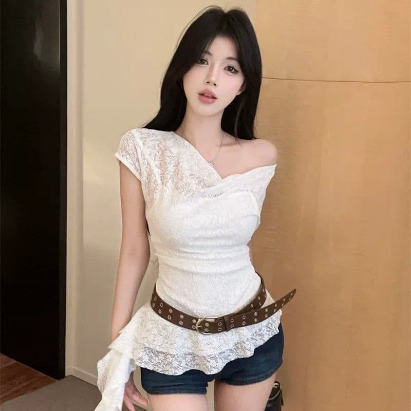 원본 원단 프랑스식 익스트림 제인 느슨함 레이스 흔들다 칼라 반팔 여름 불규칙 맨위 이미지 2