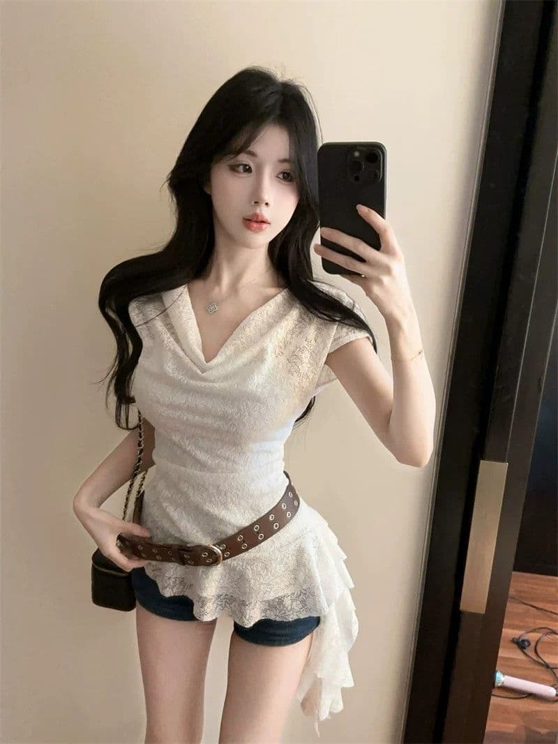 원본 원단 프랑스식 익스트림 제인 느슨함 레이스 흔들다 칼라 반팔 여름 불규칙 맨위 상세 이미지 2