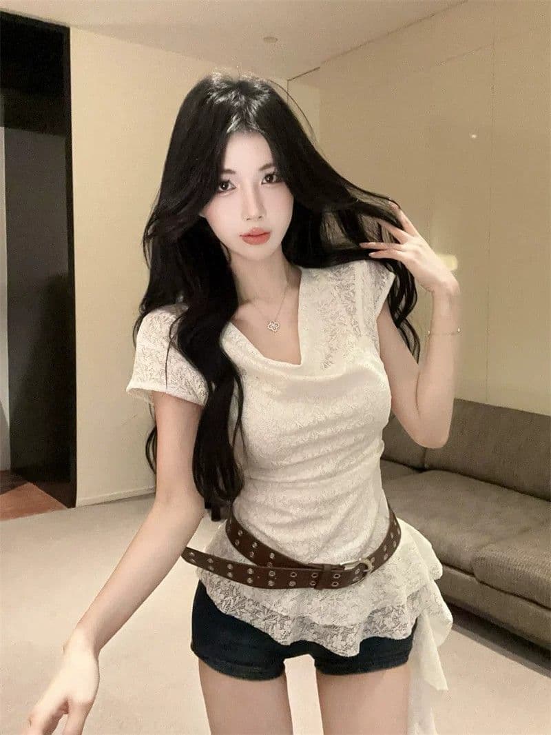 원본 원단 프랑스식 익스트림 제인 느슨함 레이스 흔들다 칼라 반팔 여름 불규칙 맨위 상세 이미지 3