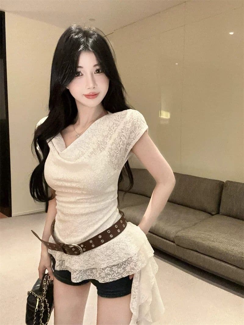 원본 원단 프랑스식 익스트림 제인 느슨함 레이스 흔들다 칼라 반팔 여름 불규칙 맨위 상세 이미지 4