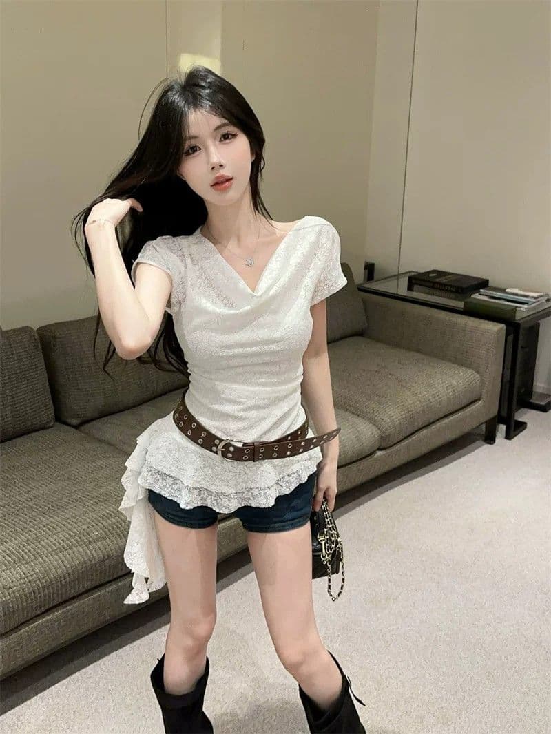 원본 원단 프랑스식 익스트림 제인 느슨함 레이스 흔들다 칼라 반팔 여름 불규칙 맨위 상세 이미지 5