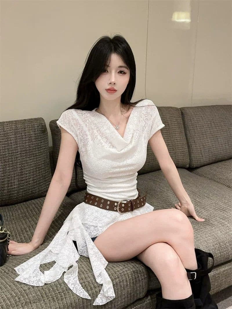 원본 원단 프랑스식 익스트림 제인 느슨함 레이스 흔들다 칼라 반팔 여름 불규칙 맨위 상세 이미지 6