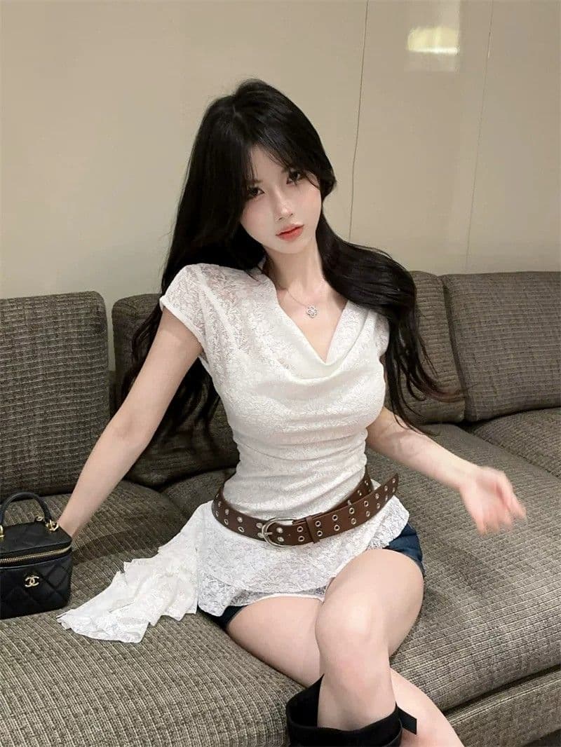 원본 원단 프랑스식 익스트림 제인 느슨함 레이스 흔들다 칼라 반팔 여름 불규칙 맨위 상세 이미지 7