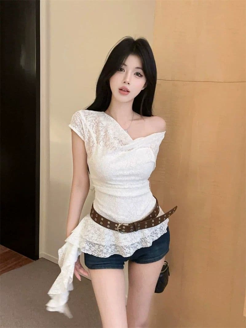 원본 원단 프랑스식 익스트림 제인 느슨함 레이스 흔들다 칼라 반팔 여름 불규칙 맨위 상세 이미지 8