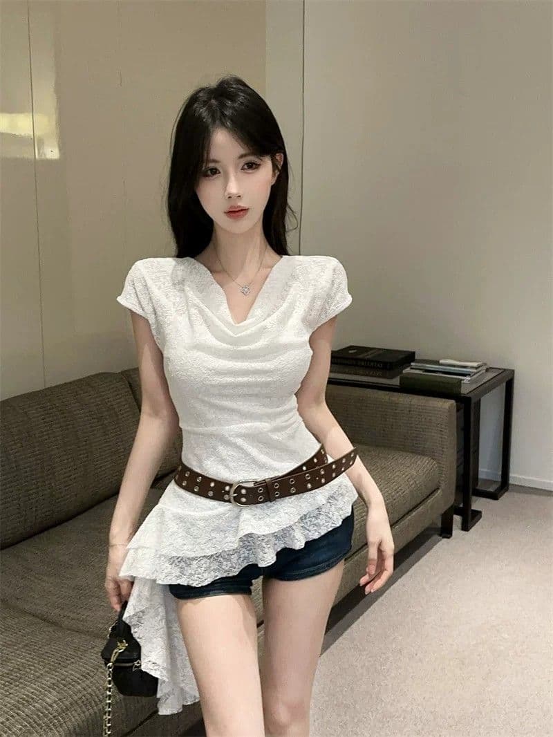 원본 원단 프랑스식 익스트림 제인 느슨함 레이스 흔들다 칼라 반팔 여름 불규칙 맨위 상세 이미지 9