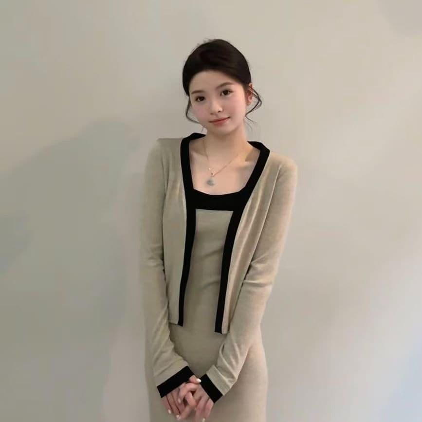 순수한 욕망 핫걸 배색 슬립 치마 세트 여성 가을 새로운 몸매 가꾸기 슬림해 보이는 슬립 드레스 쇼트 스타일 긴팔 오픈 가디건 상세 이미지 6