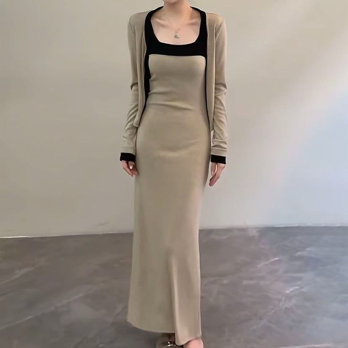 순수한 욕망 핫걸 배색 슬립 치마 세트 여성 가을 새로운 몸매 가꾸기 슬림해 보이는 슬립 드레스 쇼트 스타일 긴팔 오픈 가디건 상세 이미지 7
