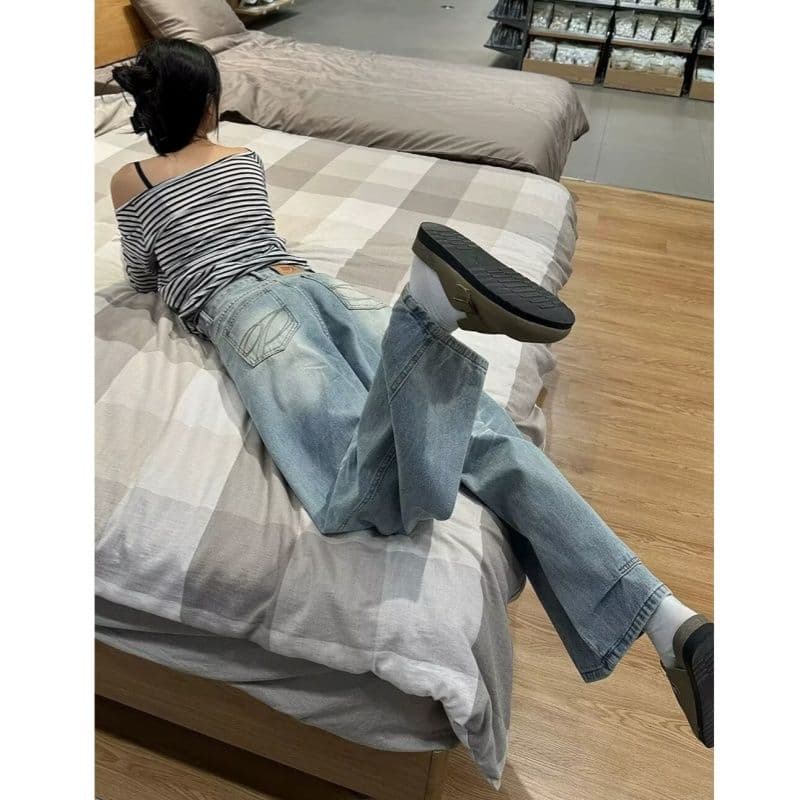 아메리칸 레트로 자수 모통이 칼 바지 청바지 여성 가을 로우 웨이스트 루즈핏 스트레이트 넓은 다리 바닥 청소 낫 롱 바지 이미지 5
