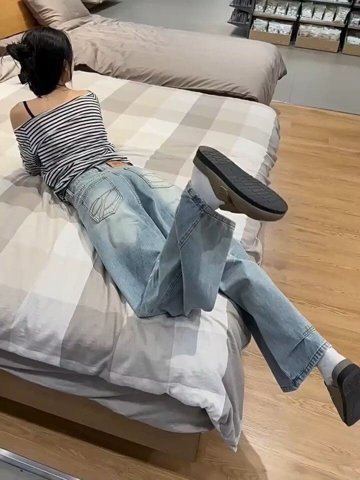 아메리칸 레트로 자수 모통이 칼 바지 청바지 여성 가을 로우 웨이스트 루즈핏 스트레이트 넓은 다리 바닥 청소 낫 롱 바지 상세 이미지 7