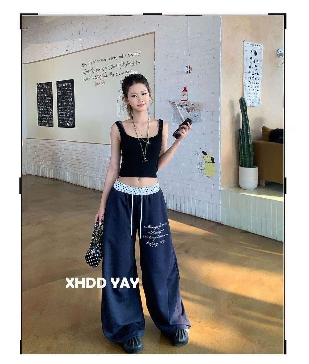 아메리칸 도트 무늬 패치워크 운동 바지 웨이 바지 여성 봄 여름 해군 루즈핏 와이드 레그 팬츠 jazz 재즈 댄스 바닥 청소 바지 상세 이미지 3