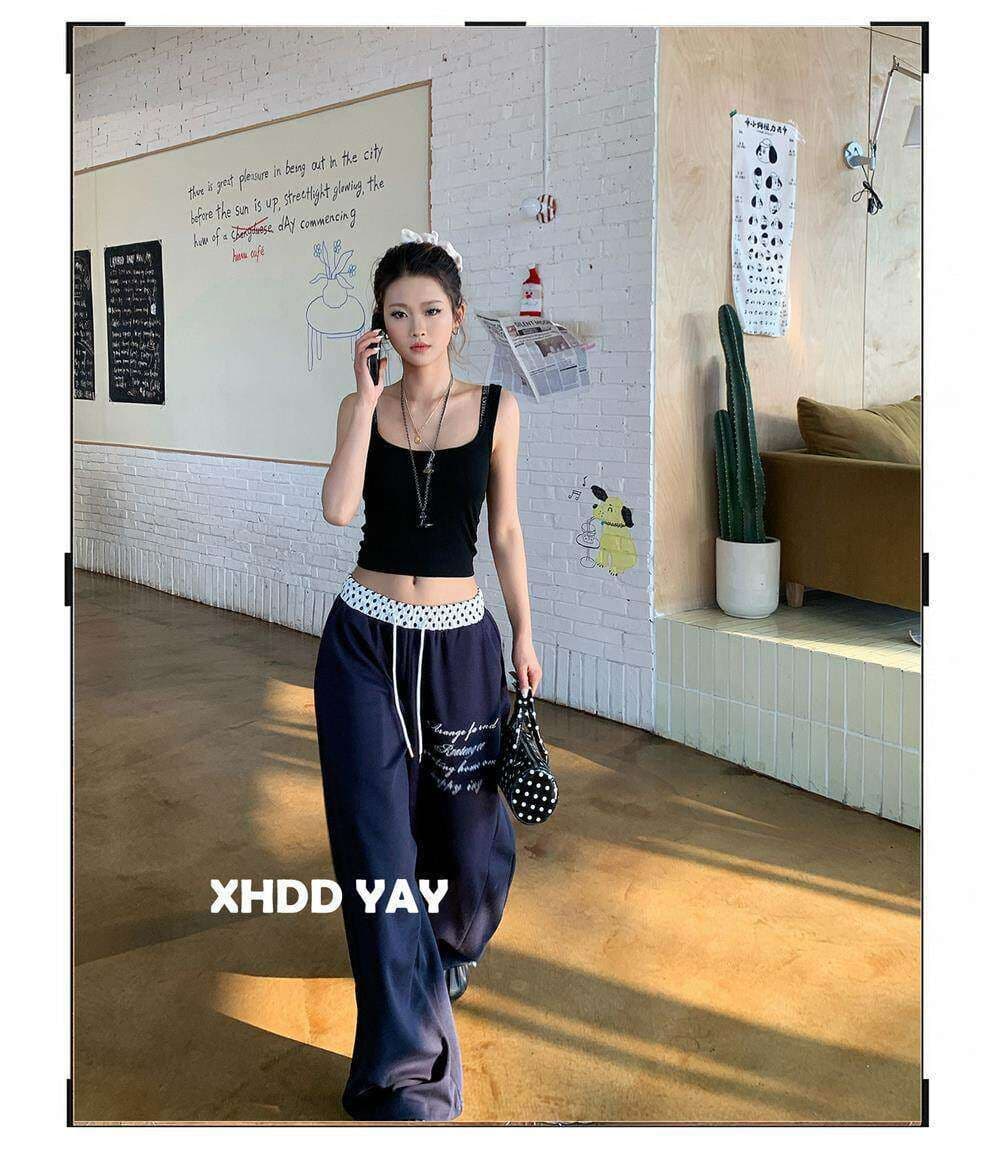 아메리칸 도트 무늬 패치워크 운동 바지 웨이 바지 여성 봄 여름 해군 루즈핏 와이드 레그 팬츠 jazz 재즈 댄스 바닥 청소 바지 상세 이미지 4