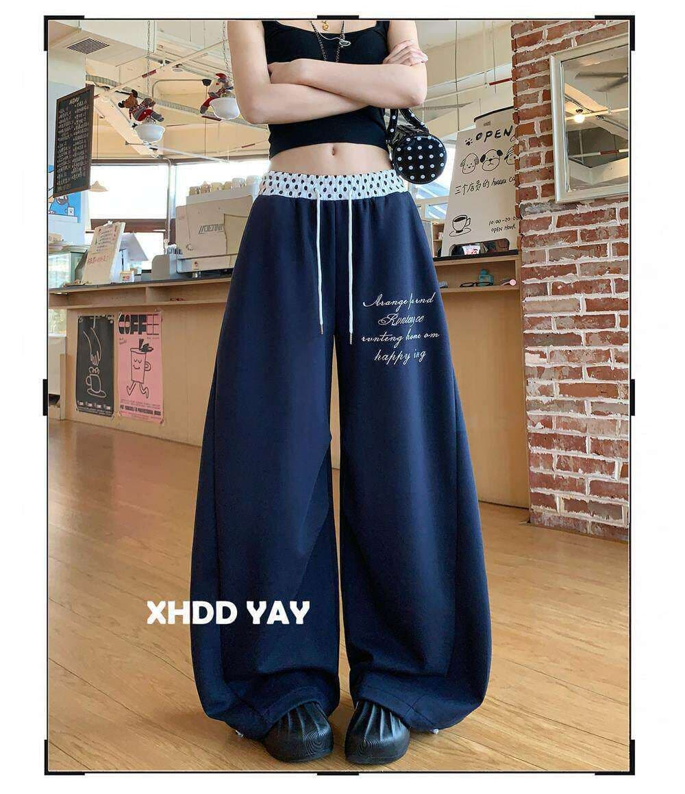 아메리칸 도트 무늬 패치워크 운동 바지 웨이 바지 여성 봄 여름 해군 루즈핏 와이드 레그 팬츠 jazz 재즈 댄스 바닥 청소 바지 상세 이미지 8