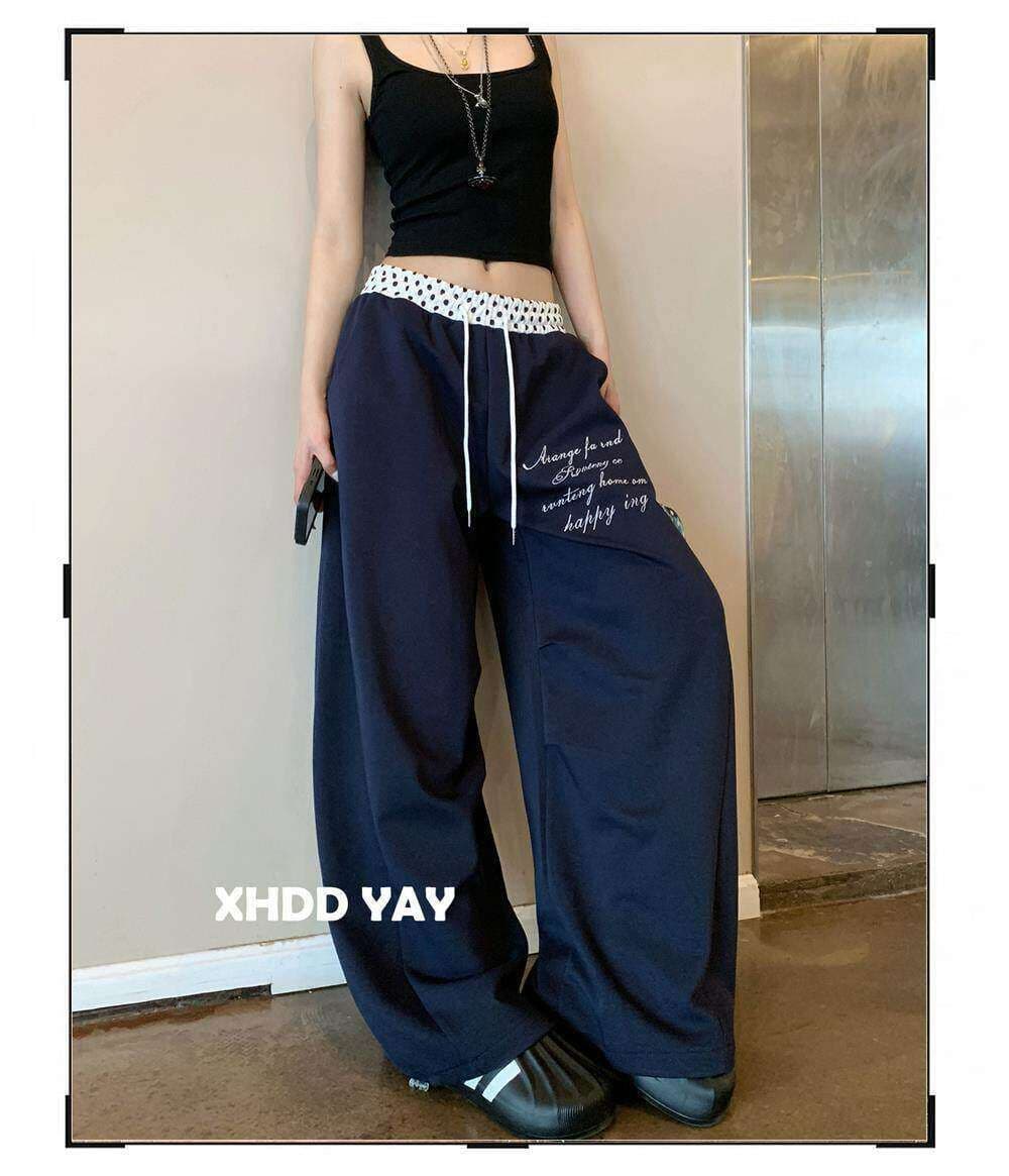 아메리칸 도트 무늬 패치워크 운동 바지 웨이 바지 여성 봄 여름 해군 루즈핏 와이드 레그 팬츠 jazz 재즈 댄스 바닥 청소 바지 상세 이미지 13