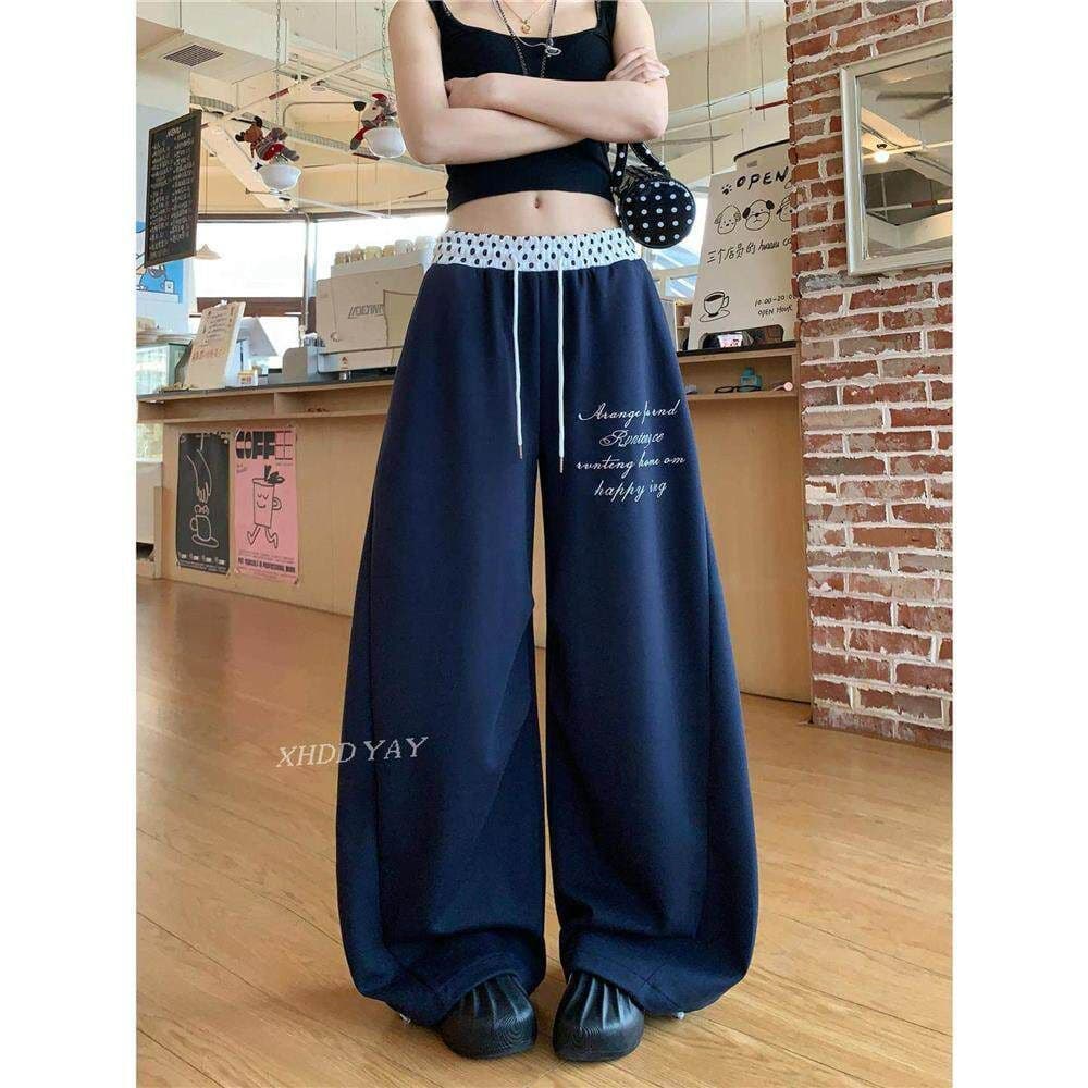 아메리칸 도트 무늬 패치워크 운동 바지 웨이 바지 여성 봄 여름 해군 루즈핏 와이드 레그 팬츠 jazz 재즈 댄스 바닥 청소 바지 상세 이미지 17