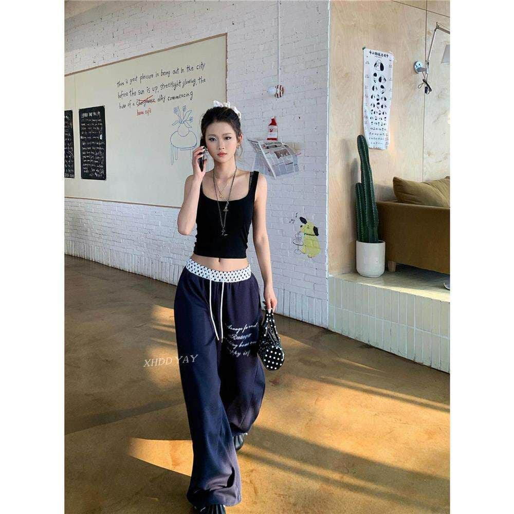 아메리칸 도트 무늬 패치워크 운동 바지 웨이 바지 여성 봄 여름 해군 루즈핏 와이드 레그 팬츠 jazz 재즈 댄스 바닥 청소 바지 상세 이미지 18