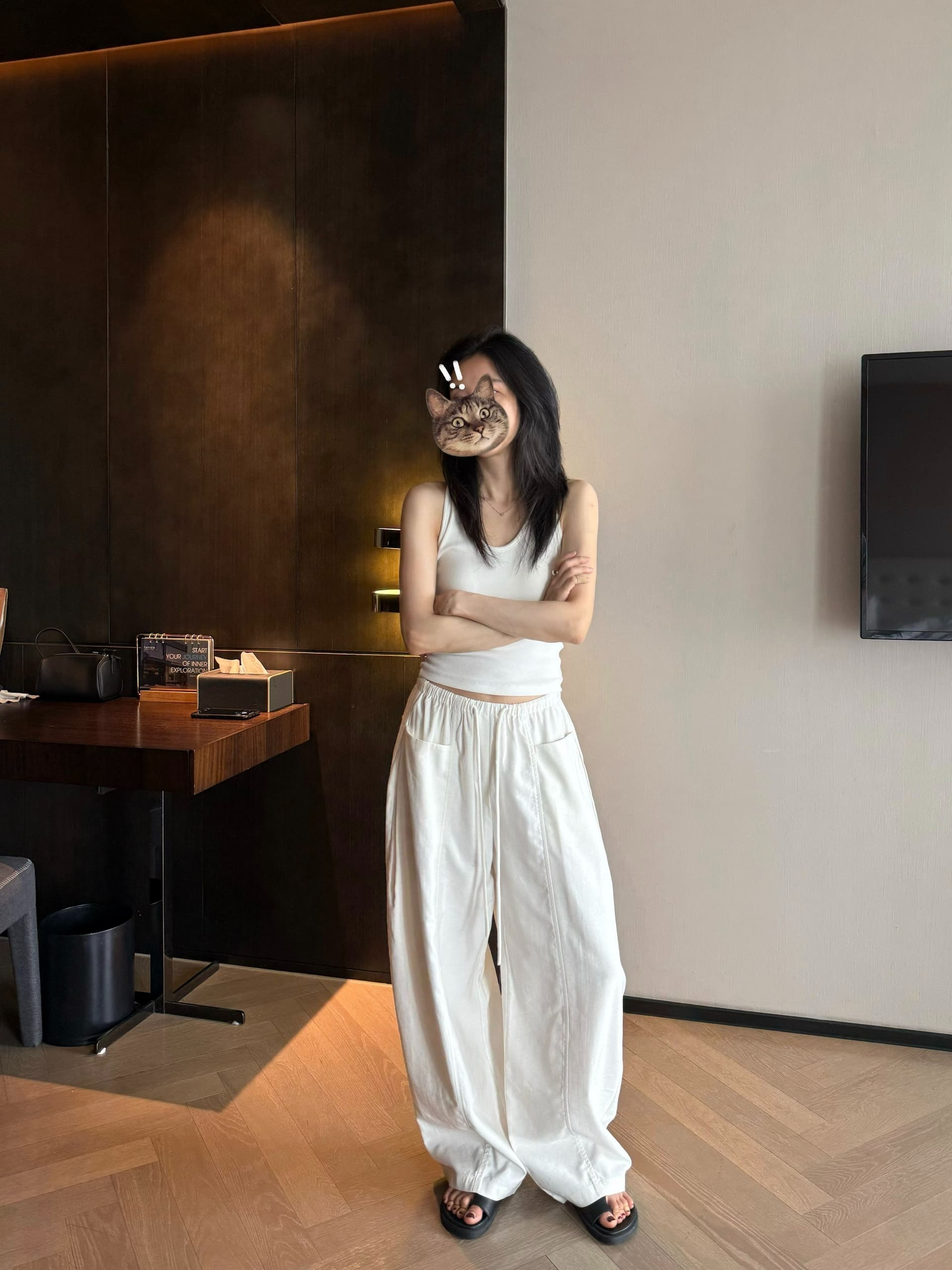 원본 형세 리넨 면화 캐주얼 바지 여성 2026 새로운 여름 허리밴드 펌프 로프 롱 코트 스트레이트 모통이 칼 바지 상세 이미지 10
