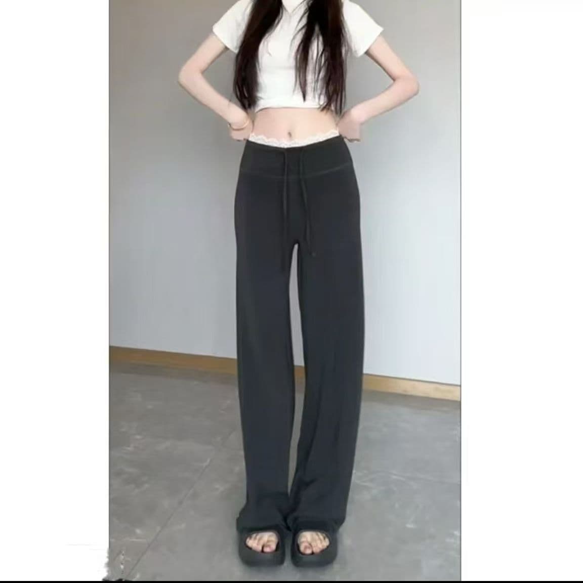 고급 센스 디자인 레이스 레이스 캐주얼 바지 여성 2026 봄 새로운 하이웨이스트 슬림해 보이는 배 모양 몸 스트레이트 팬츠 이미지 2