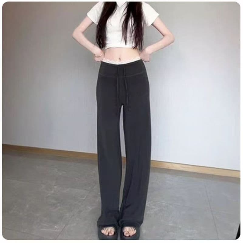 고급 센스 디자인 레이스 레이스 캐주얼 바지 여성 2026 봄 새로운 하이웨이스트 슬림해 보이는 배 모양 몸 스트레이트 팬츠 상세 이미지 1