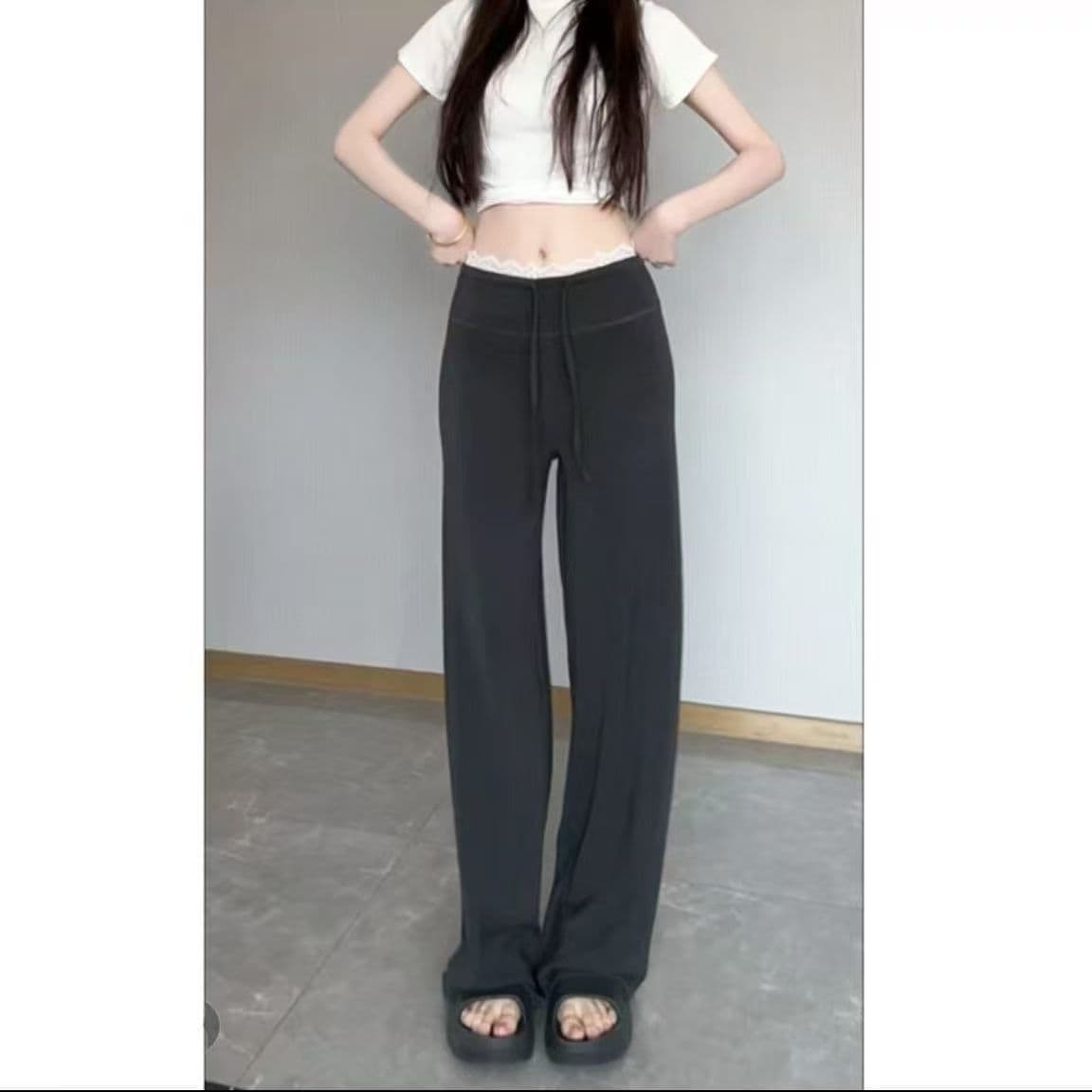고급 센스 디자인 레이스 레이스 캐주얼 바지 여성 2026 봄 새로운 하이웨이스트 슬림해 보이는 배 모양 몸 스트레이트 팬츠 상세 이미지 3
