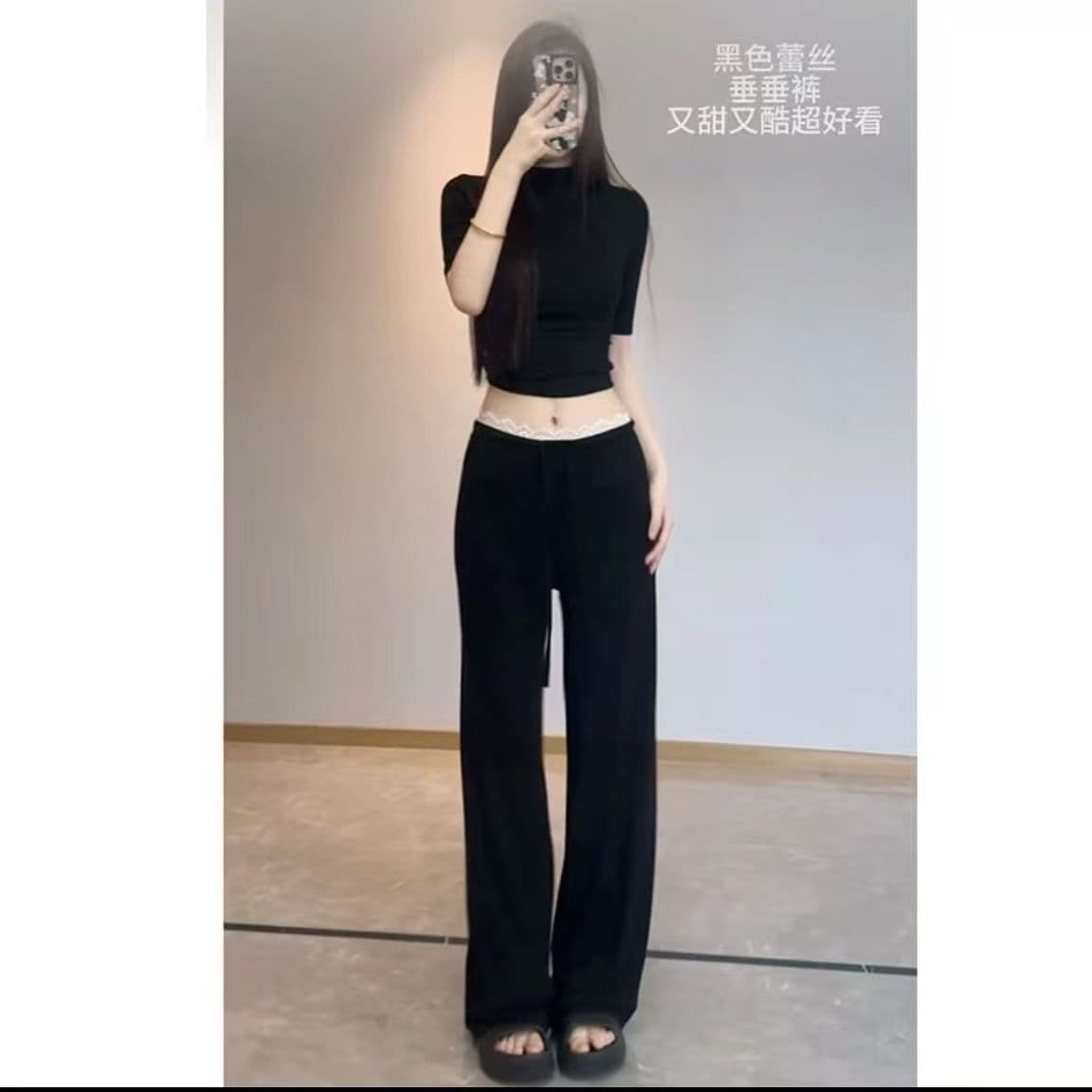 고급 센스 디자인 레이스 레이스 캐주얼 바지 여성 2026 봄 새로운 하이웨이스트 슬림해 보이는 배 모양 몸 스트레이트 팬츠 상세 이미지 4