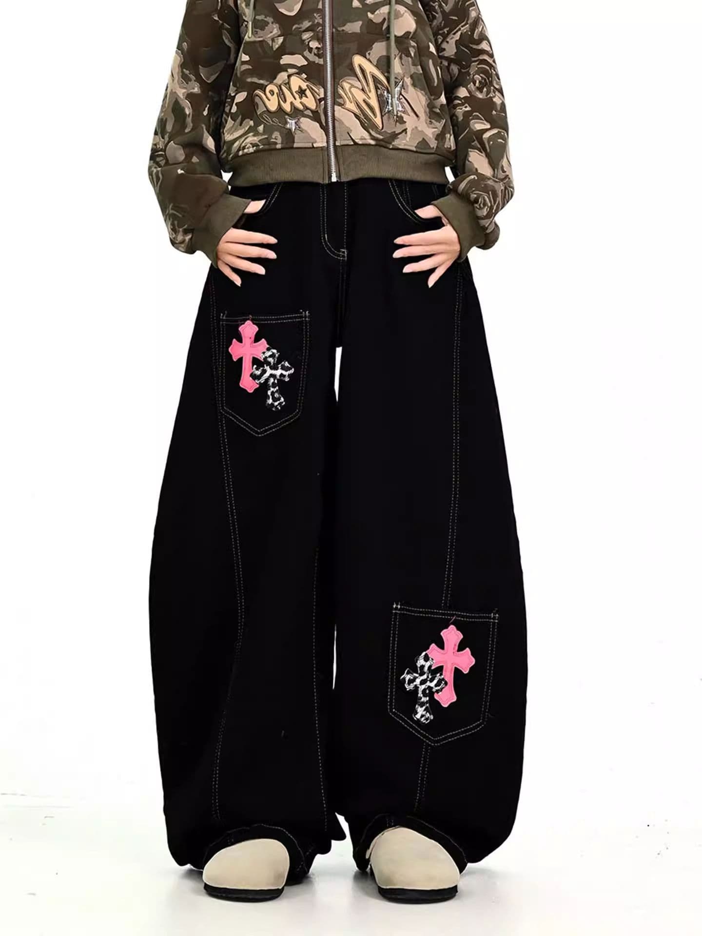 아메리칸 레트로 넓은 다리 모통이 칼 원본 청바지 남녀 조수 브랜드 루즈핏 다용도 십자가 자수 캐주얼 롱 바지 이미지 4