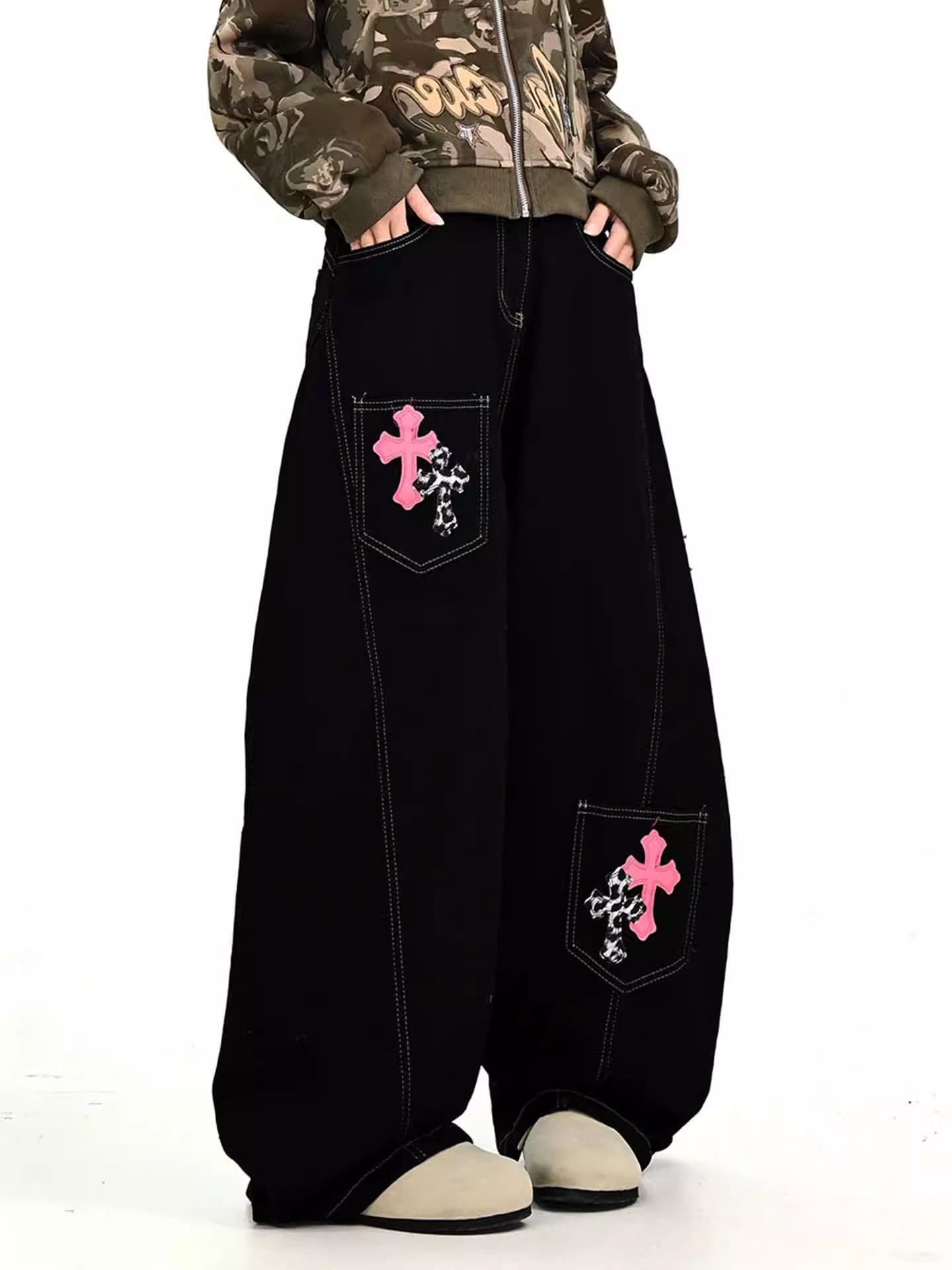 아메리칸 레트로 넓은 다리 모통이 칼 원본 청바지 남녀 조수 브랜드 루즈핏 다용도 십자가 자수 캐주얼 롱 바지 상세 이미지 3