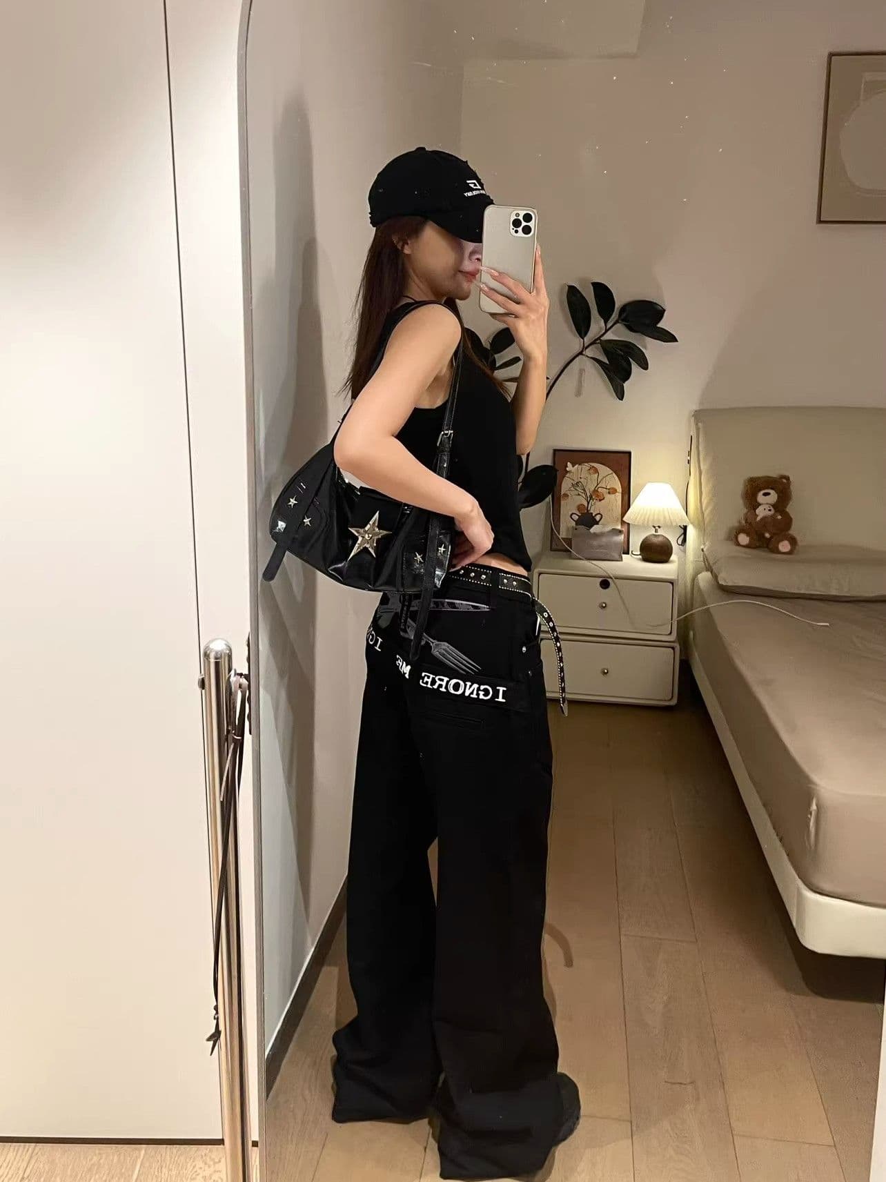 천 제로 제로 알파벳 디자인 센스 검정색 청바지 여성 스트레이트 부츠컷 모통이 칼 아메리칸 레트로 높음 거리 워크웨어 바지 상세 이미지 14