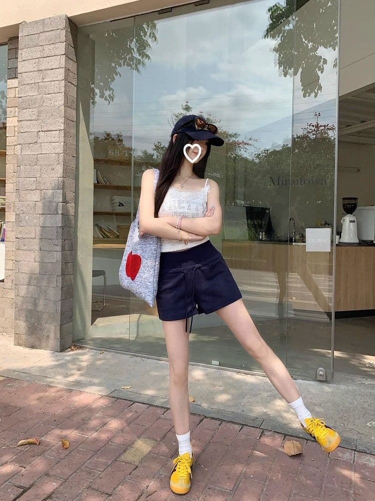블루 색상 펌프 로프 하이웨이스트 캐주얼 반바지 여성 여름 운동 스트레이트 바지 루즈핏 슬림해 보이는 넓은 다리 한 마디 핫 바지 상세 이미지 9
