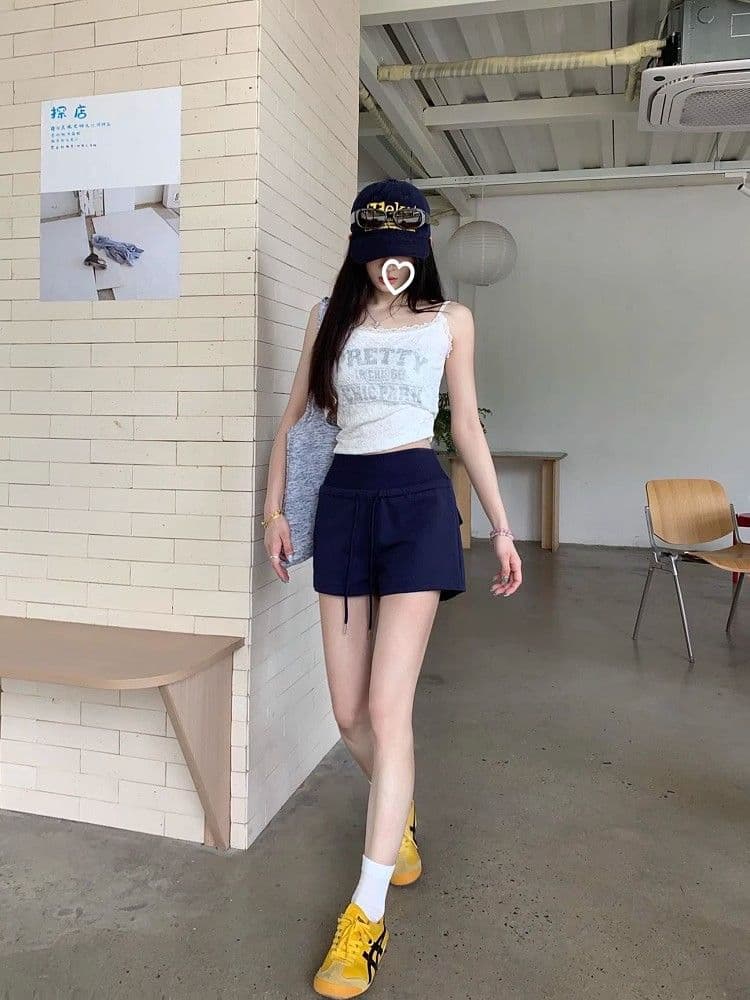 블루 색상 펌프 로프 하이웨이스트 캐주얼 반바지 여성 여름 운동 스트레이트 바지 루즈핏 슬림해 보이는 넓은 다리 한 마디 핫 바지 상세 이미지 10