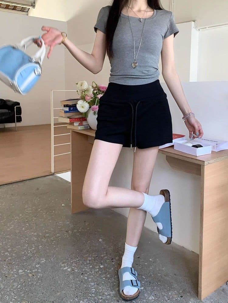 블루 색상 펌프 로프 하이웨이스트 캐주얼 반바지 여성 여름 운동 스트레이트 바지 루즈핏 슬림해 보이는 넓은 다리 한 마디 핫 바지 상세 이미지 21