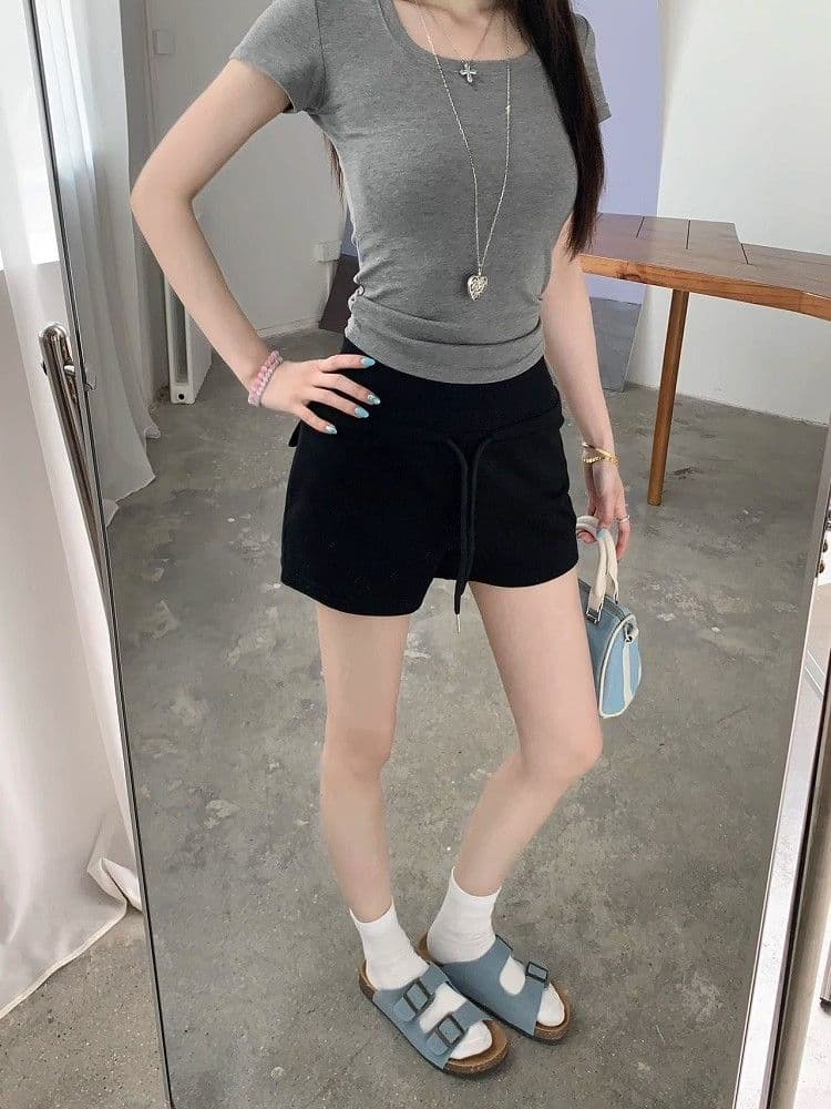 블루 색상 펌프 로프 하이웨이스트 캐주얼 반바지 여성 여름 운동 스트레이트 바지 루즈핏 슬림해 보이는 넓은 다리 한 마디 핫 바지 상세 이미지 23