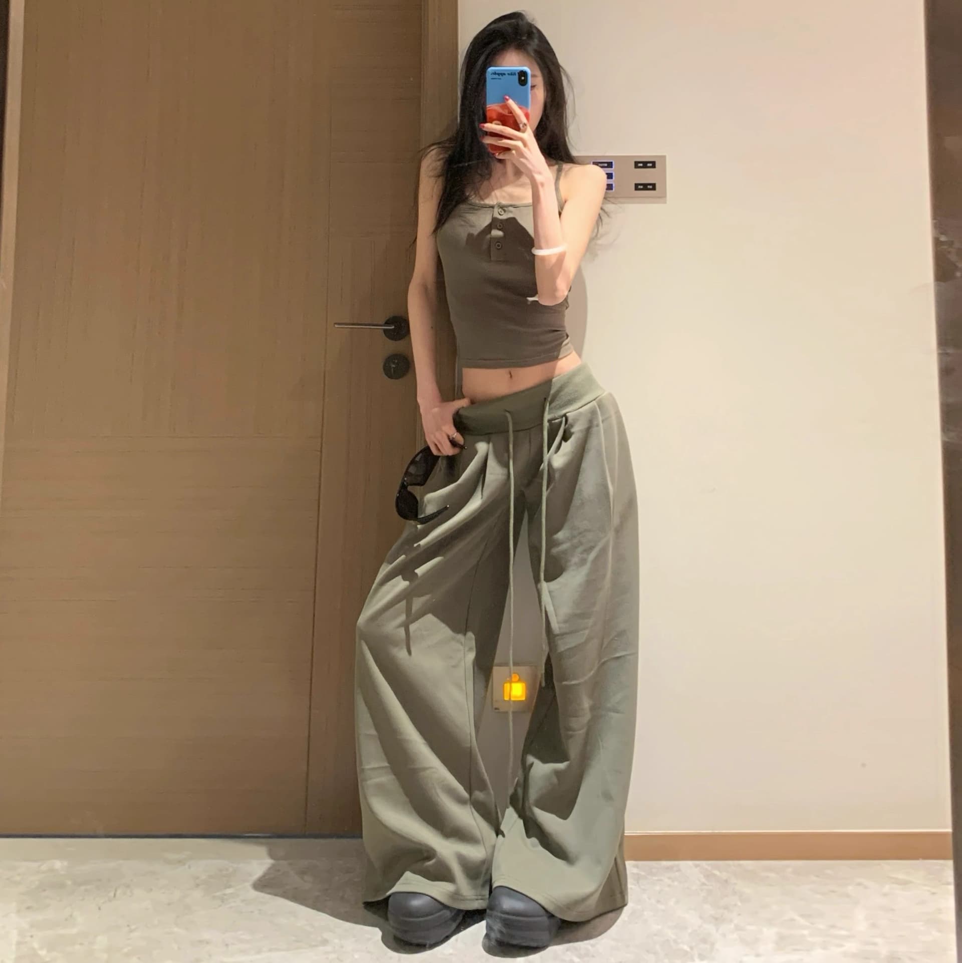 아메리칸 레트로 리브 넓은 다리 캐주얼 바지 여성 봄 여름 2026 년 새로운 스트레이트 루즈핏 운동 스트레이트 바닥 청소 바지 상세 이미지 2