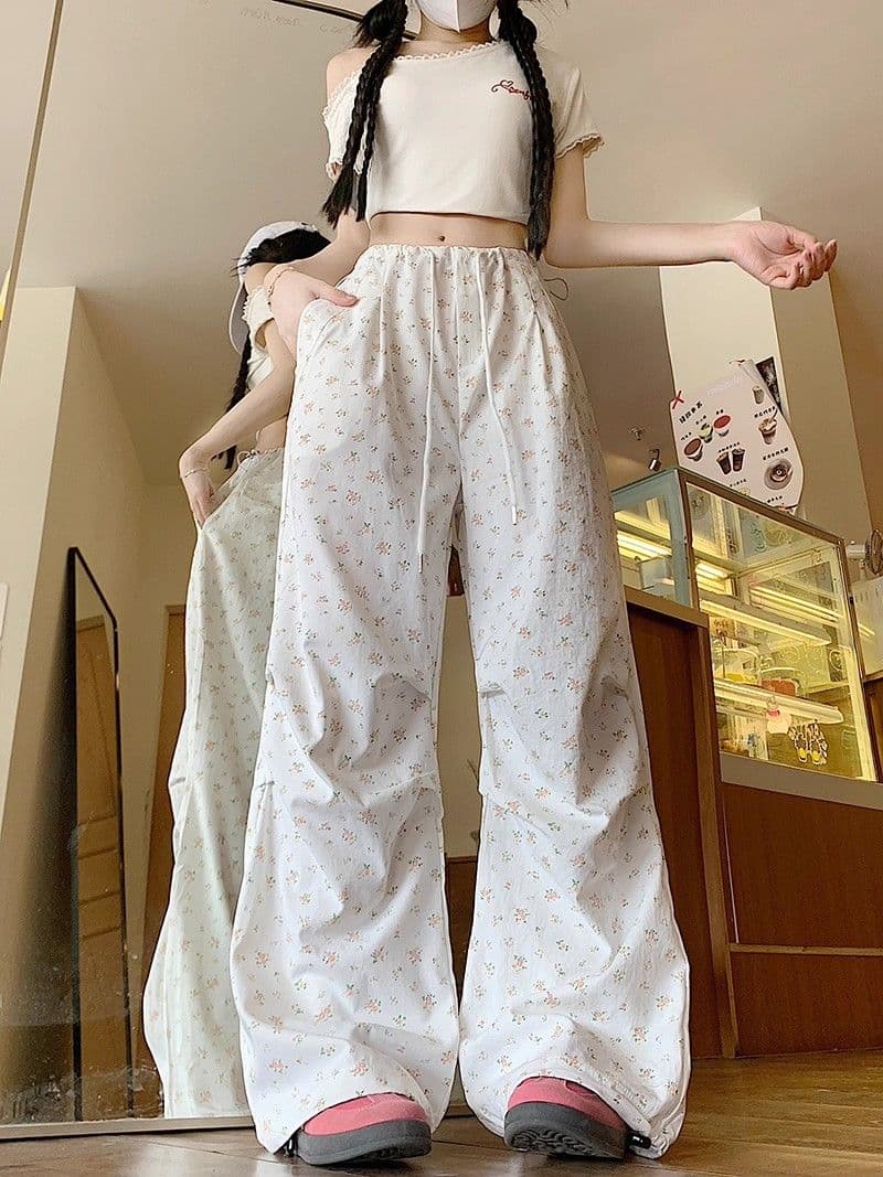 달콤한 스타일 연령 감소 작은 꽃무늬 전체 인쇄 다용도 하이웨이스트 캐주얼 바지 여성 여름 루즈핏 슬림해 보이는 와이드 레그 팬츠 롱 바지